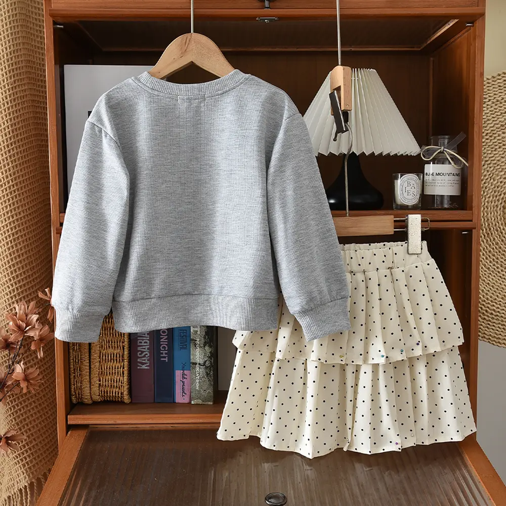 Bear Leader Spring/Autumn New Girls' Set Bow Printed Long Sleeve Top+Polka Dot Skirt  Korean Grey Casual Sports Children's Wear
