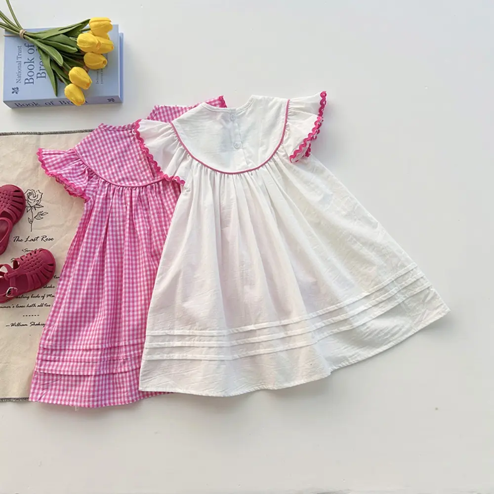 Bear Leader Korean version Fashion Girls Clothes Summer Checkered Love Printed Flying Sleeve Princess Dress Kids Casual Dresses