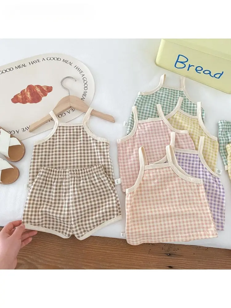 Bear Leader 0-3 Years Old Summer Children's Clothing for Baby Girls Fashionable Suspender Plaid Top+shorts Thin Two-piece Set