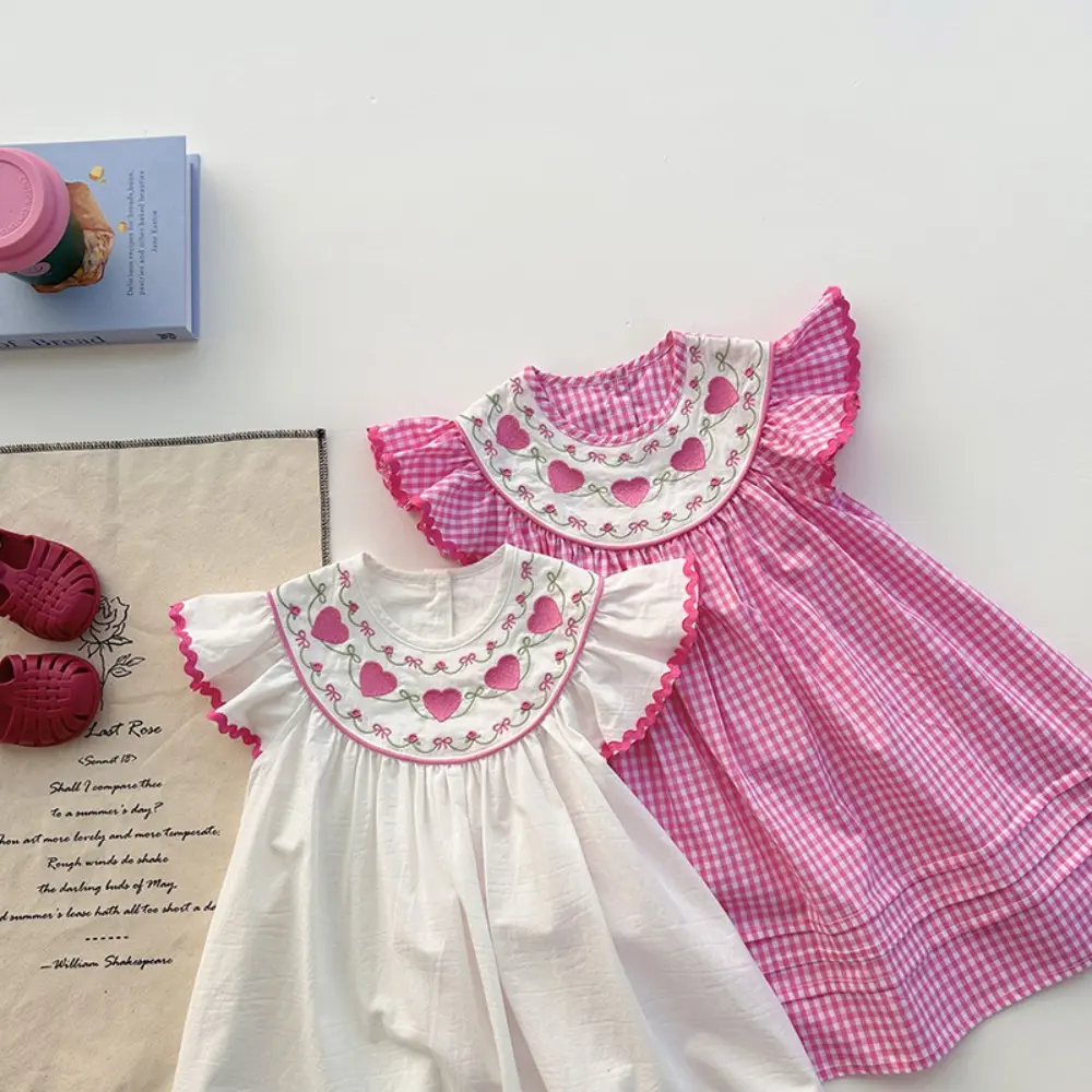 Bear Leader Korean version Fashion Girls Clothes Summer Checkered Love Printed Flying Sleeve Princess Dress Kids Casual Dresses