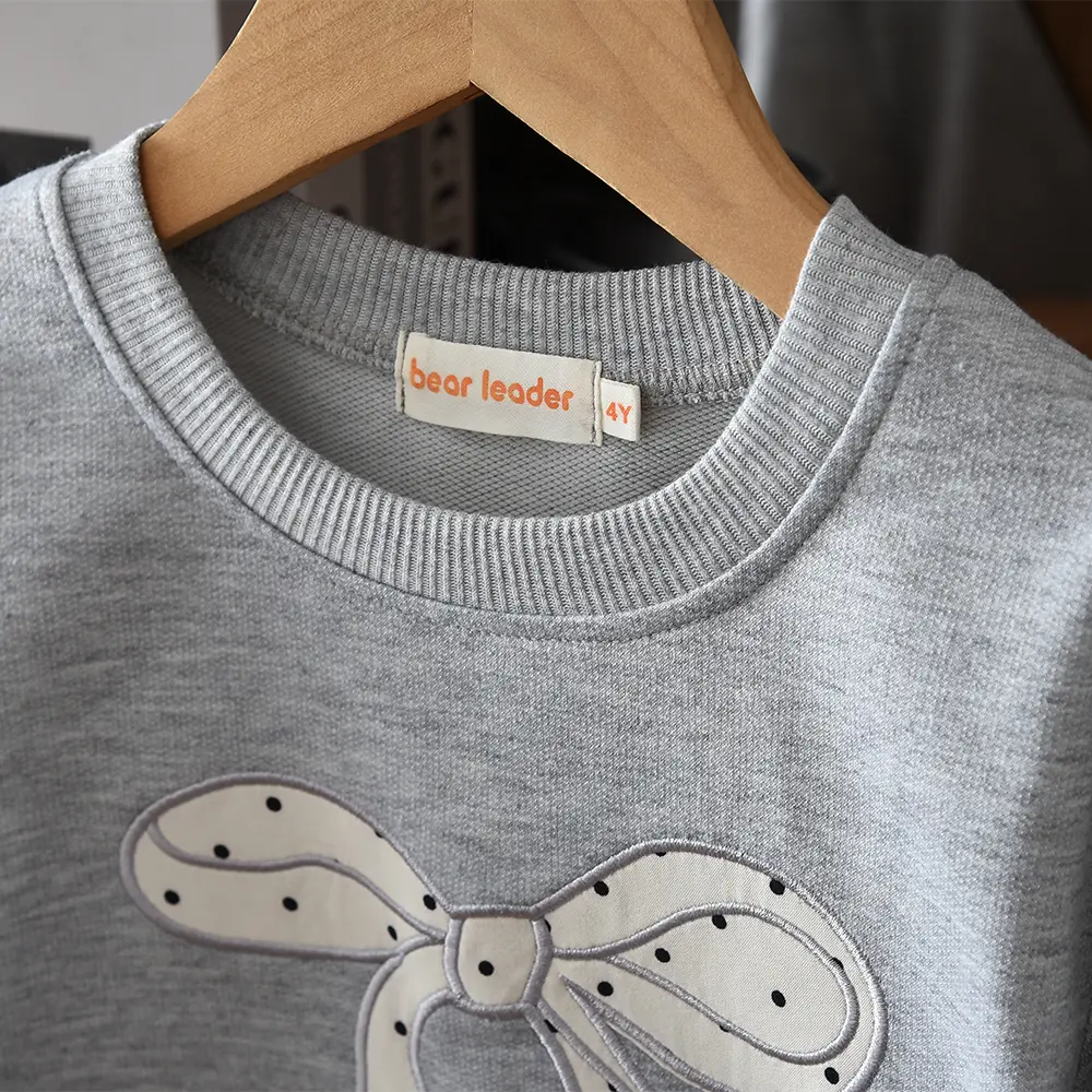 Bear Leader Spring/Autumn New Girls' Set Bow Printed Long Sleeve Top+Polka Dot Skirt  Korean Grey Casual Sports Children's Wear