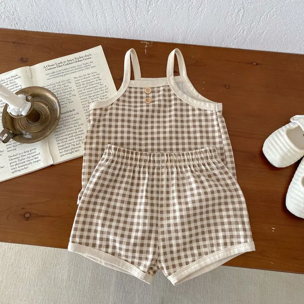 Bear Leader 0-3 Years Old Summer Children's Clothing for Baby Girls Fashionable Suspender Plaid Top+shorts Thin Two-piece Set