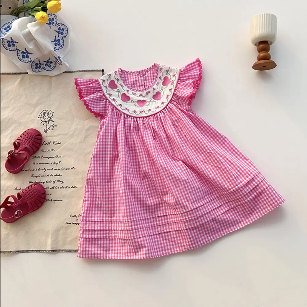 Bear Leader Korean version Fashion Girls Clothes Summer Checkered Love Printed Flying Sleeve Princess Dress Kids Casual Dresses