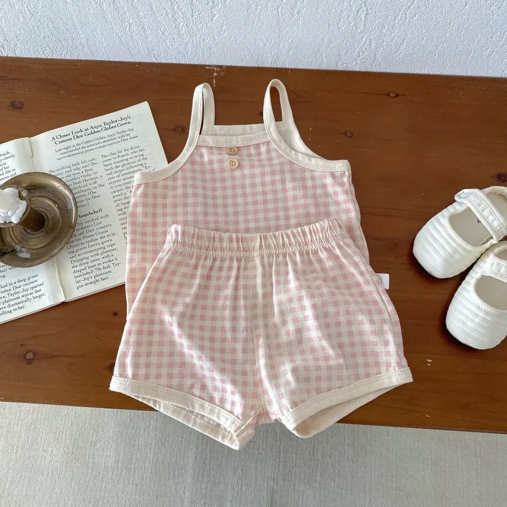 Bear Leader 0-3 Years Old Summer Children's Clothing for Baby Girls Fashionable Suspender Plaid Top+shorts Thin Two-piece Set