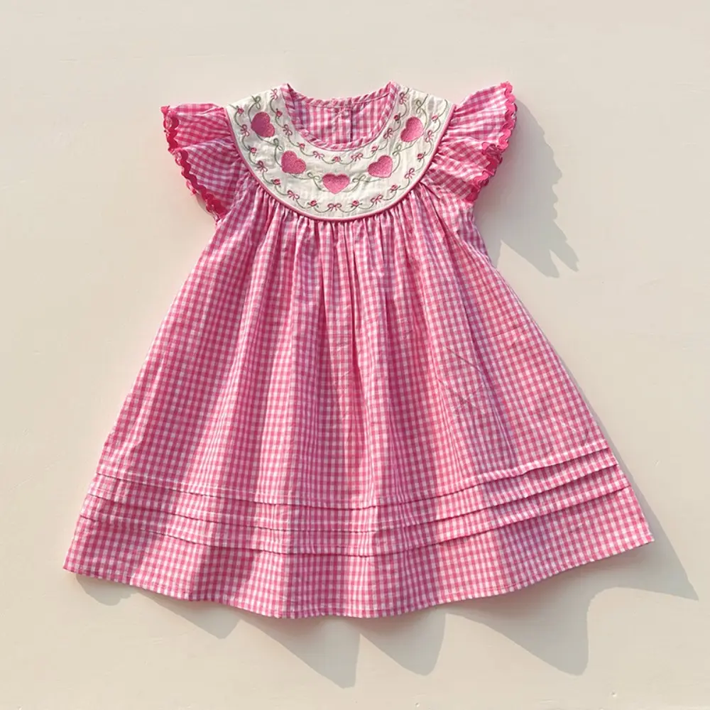 Bear Leader Korean version Fashion Girls Clothes Summer Checkered Love Printed Flying Sleeve Princess Dress Kids Casual Dresses