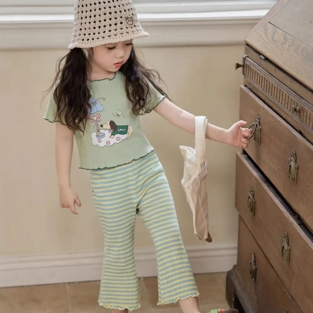 Bear Leader 3-7 Years Summer Korean Version Plain Girls Clothes Striped Printed Flared Pants Easter Casual Children's Clothing