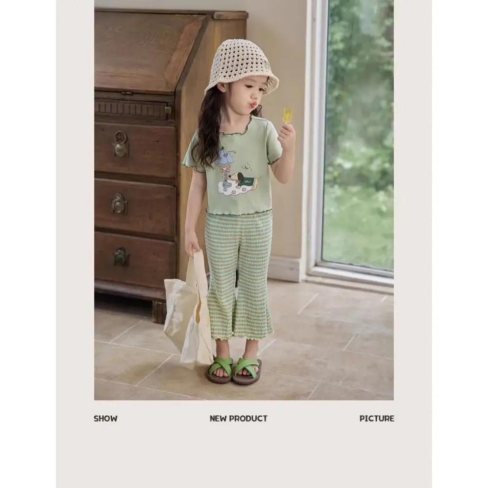 Bear Leader 3-7 Years Summer Korean Version Plain Girls Clothes Striped Printed Flared Pants Easter Casual Children's Clothing