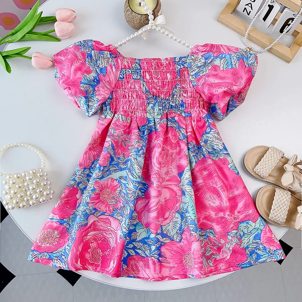 Bear Leader Girls' Summer Dress New Girls' Children's Wrinkled Bubble Sleeve Big Flower Dress Princess Dress Party Holiday Dress