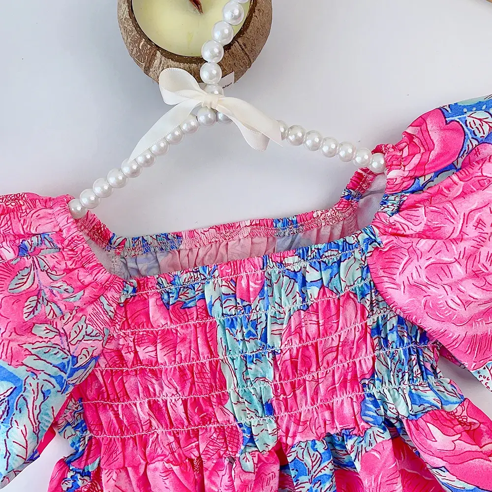 Bear Leader Girls' Summer Dress New Girls' Children's Wrinkled Bubble Sleeve Big Flower Dress Princess Dress Party Holiday Dress