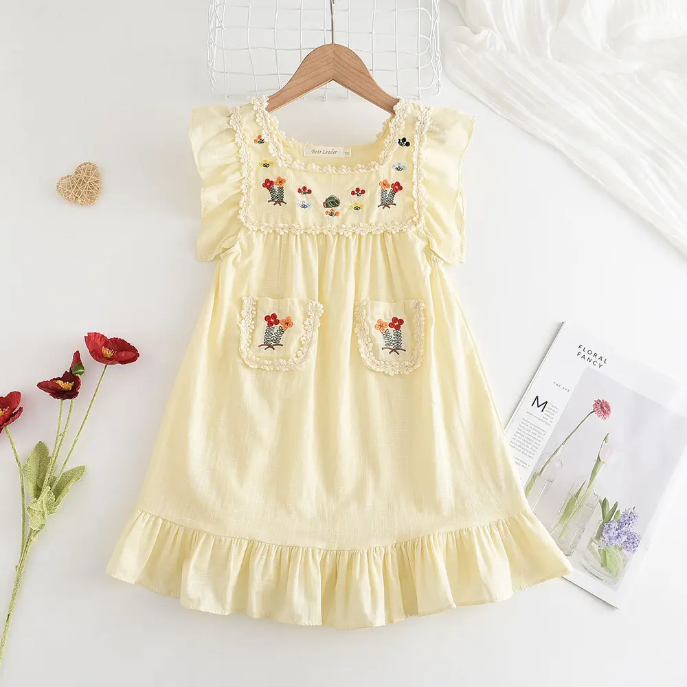 Bear Leader Girls Flower Embroidered Dress Summer Retro Flying Sleeve Princess Dresses Children Casual Clothes Fashion 2-6 Years