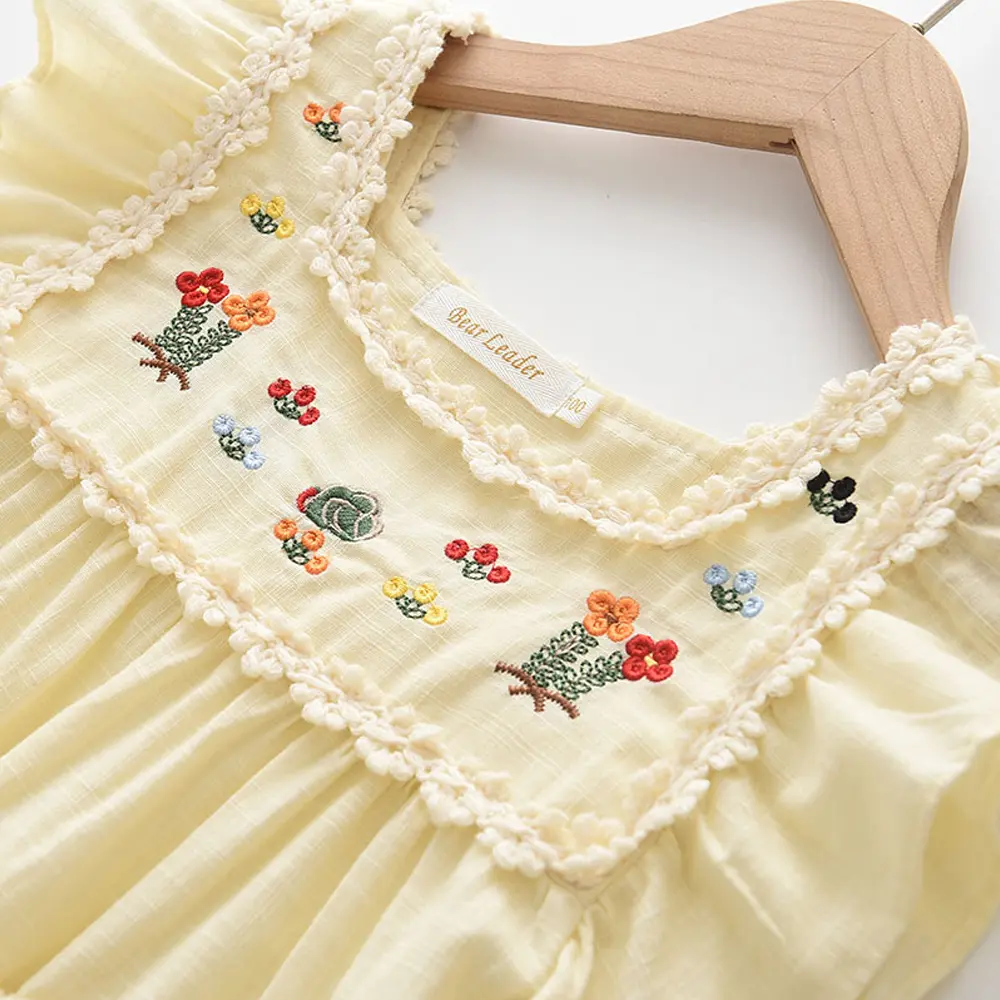 Bear Leader Girls Flower Embroidered Dress Summer Retro Flying Sleeve Princess Dresses Children Casual Clothes Fashion 2-6 Years
