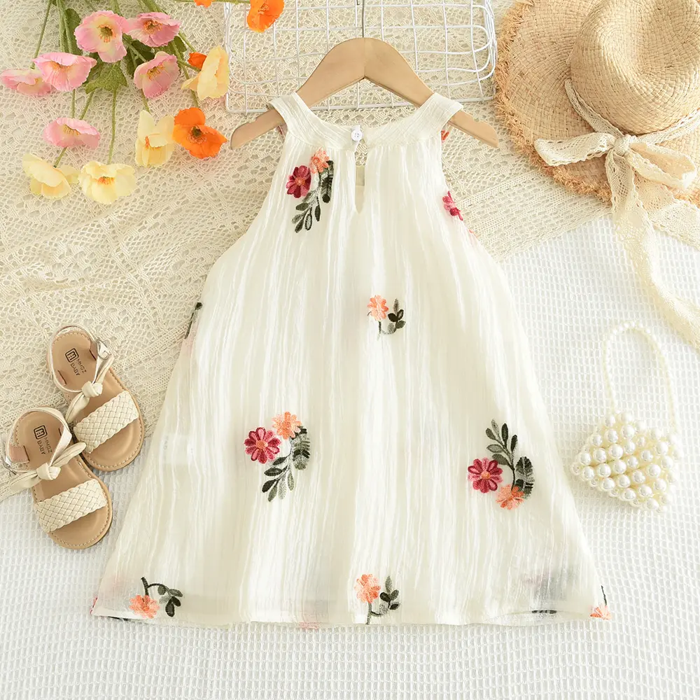 Bear Leader Round Neck Princess Dress Summer Flower Embroidered Girls Clothes Round Neck Sleeveless Solid Color Kids Costume