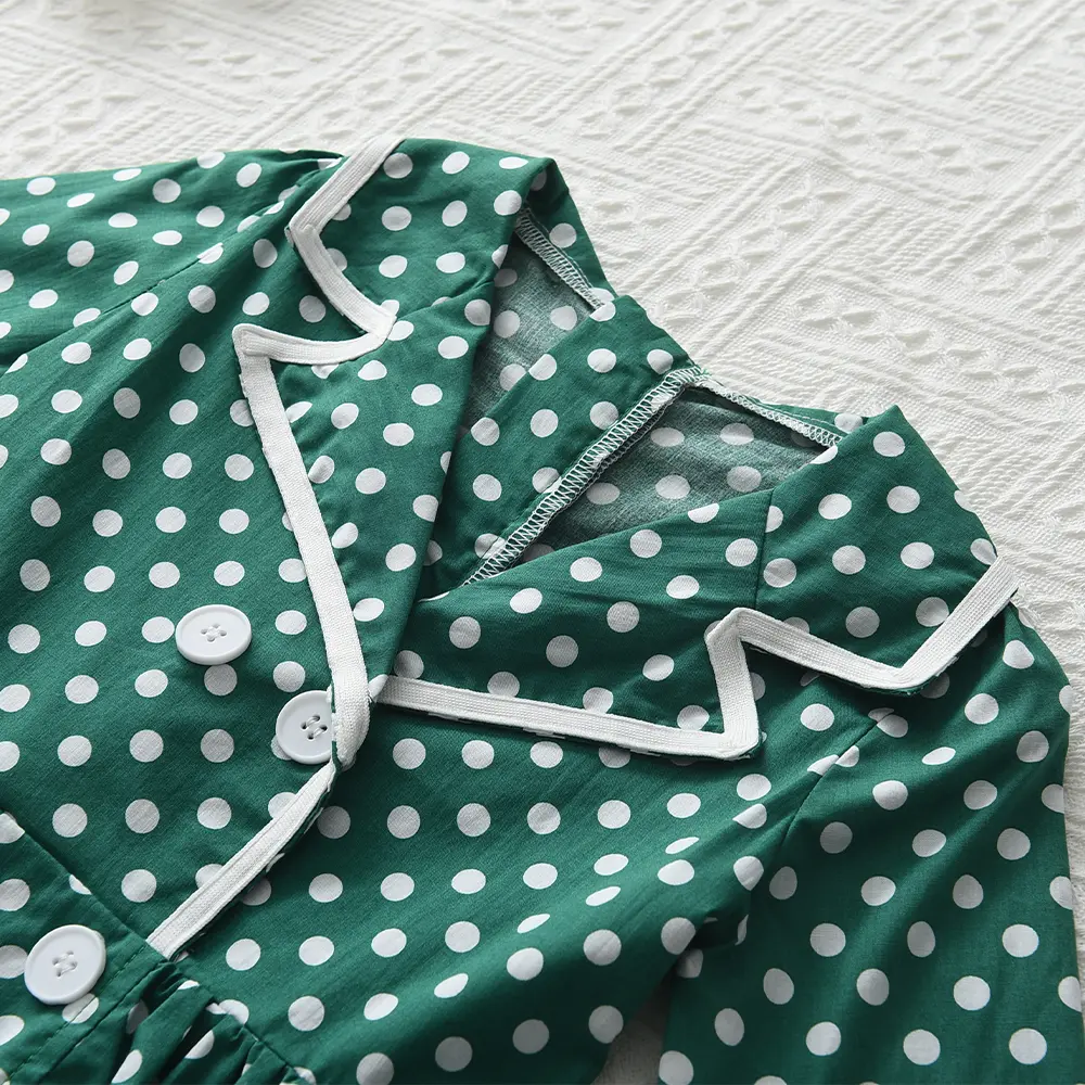 Bear Leader 2023 New Girls Summer Dress Short Sleeve Cotton Dot Green Retro Dress British Style Double Breasted Girls Dress