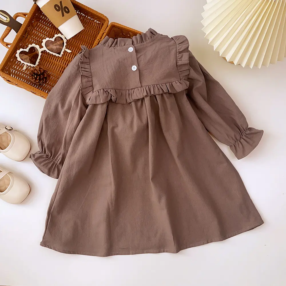 Bear Leader 2023 New Spring Autumn Flower Embroidery Design Girls' Dress French Round Neck Ruffle Cute Girls' Long Sleeve Skirt