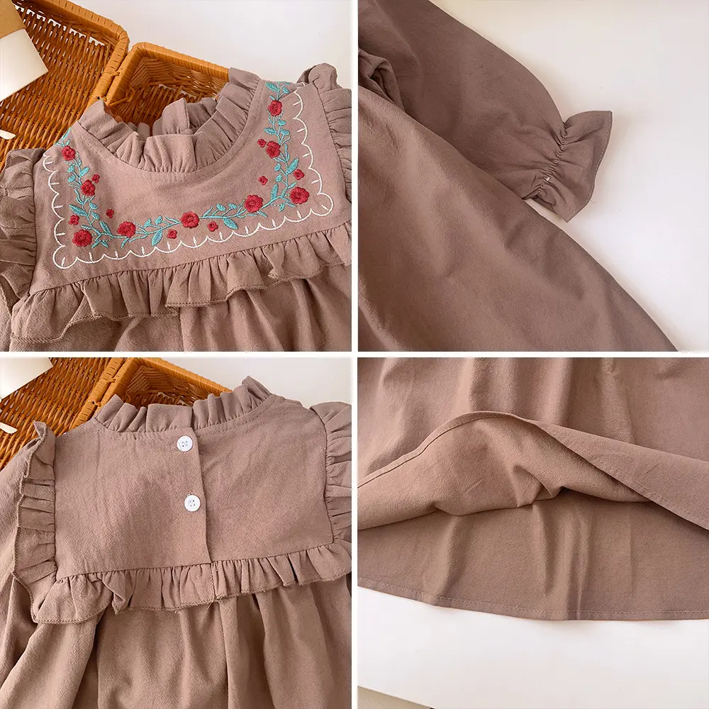Bear Leader 2023 New Spring Autumn Flower Embroidery Design Girls' Dress French Round Neck Ruffle Cute Girls' Long Sleeve Skirt