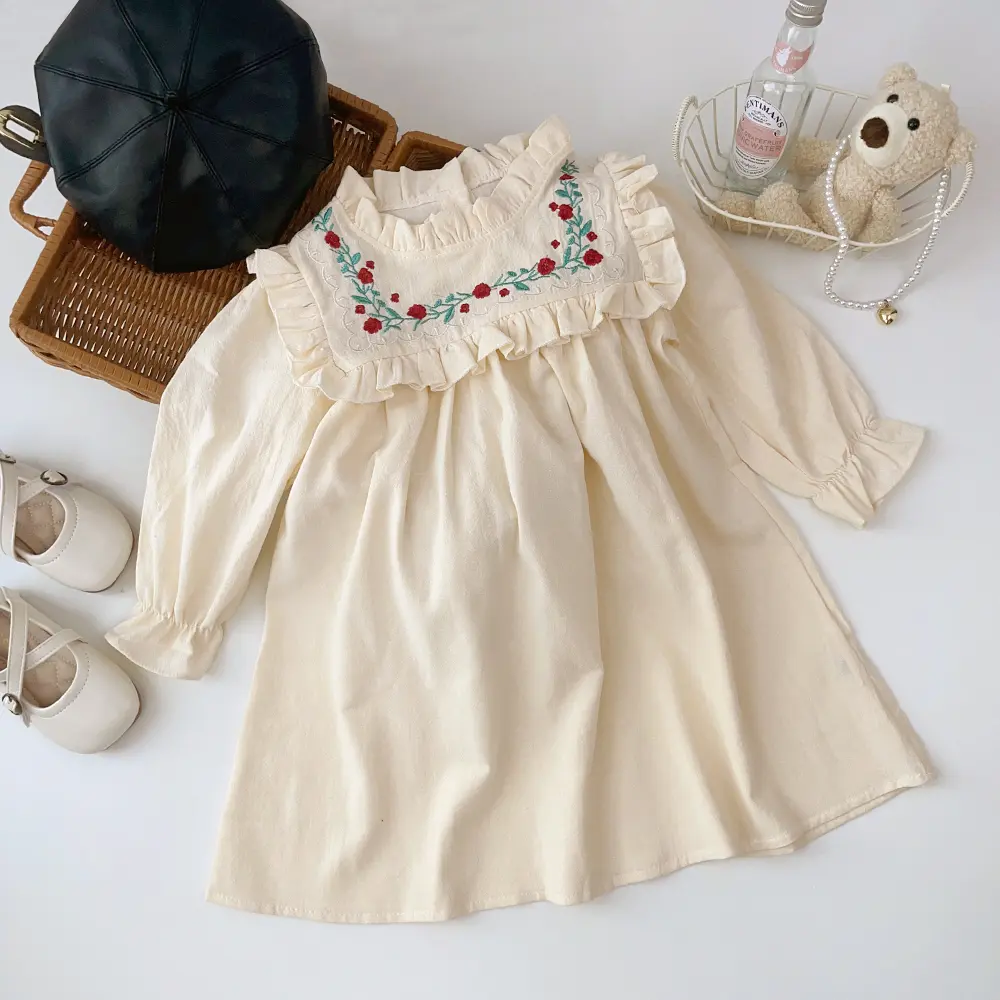 Bear Leader 2023 New Spring Autumn Flower Embroidery Design Girls' Dress French Round Neck Ruffle Cute Girls' Long Sleeve Skirt