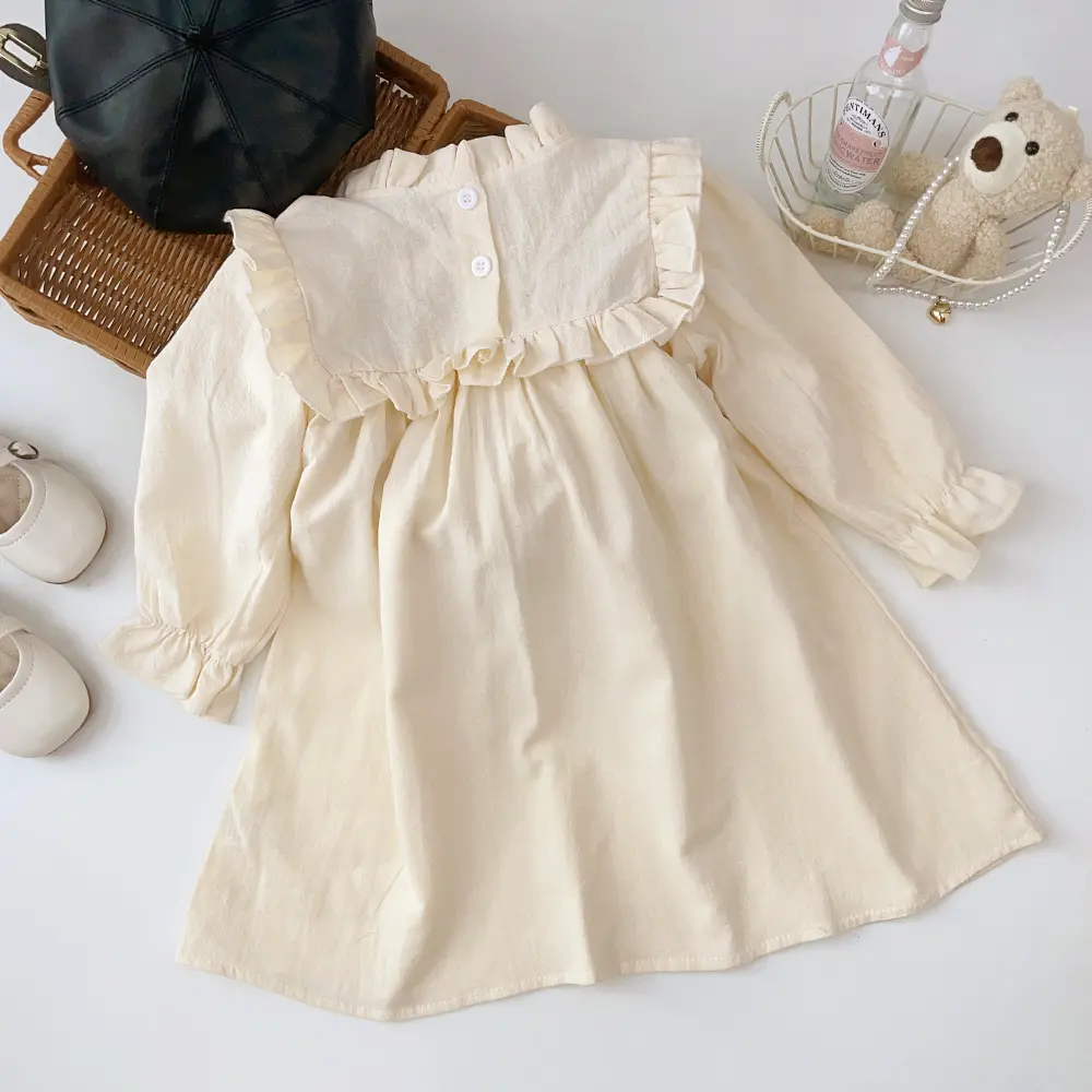 Bear Leader 2023 New Spring Autumn Flower Embroidery Design Girls' Dress French Round Neck Ruffle Cute Girls' Long Sleeve Skirt