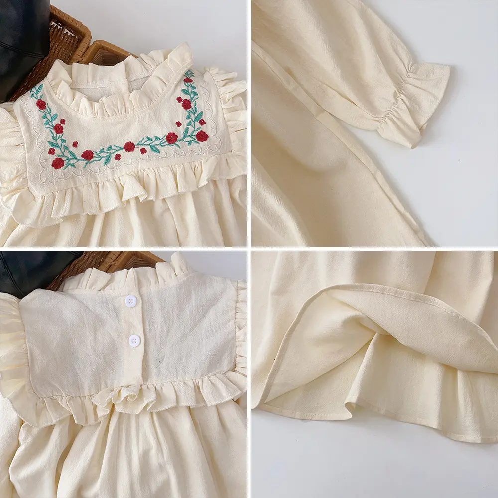 Bear Leader 2023 New Spring Autumn Flower Embroidery Design Girls' Dress French Round Neck Ruffle Cute Girls' Long Sleeve Skirt