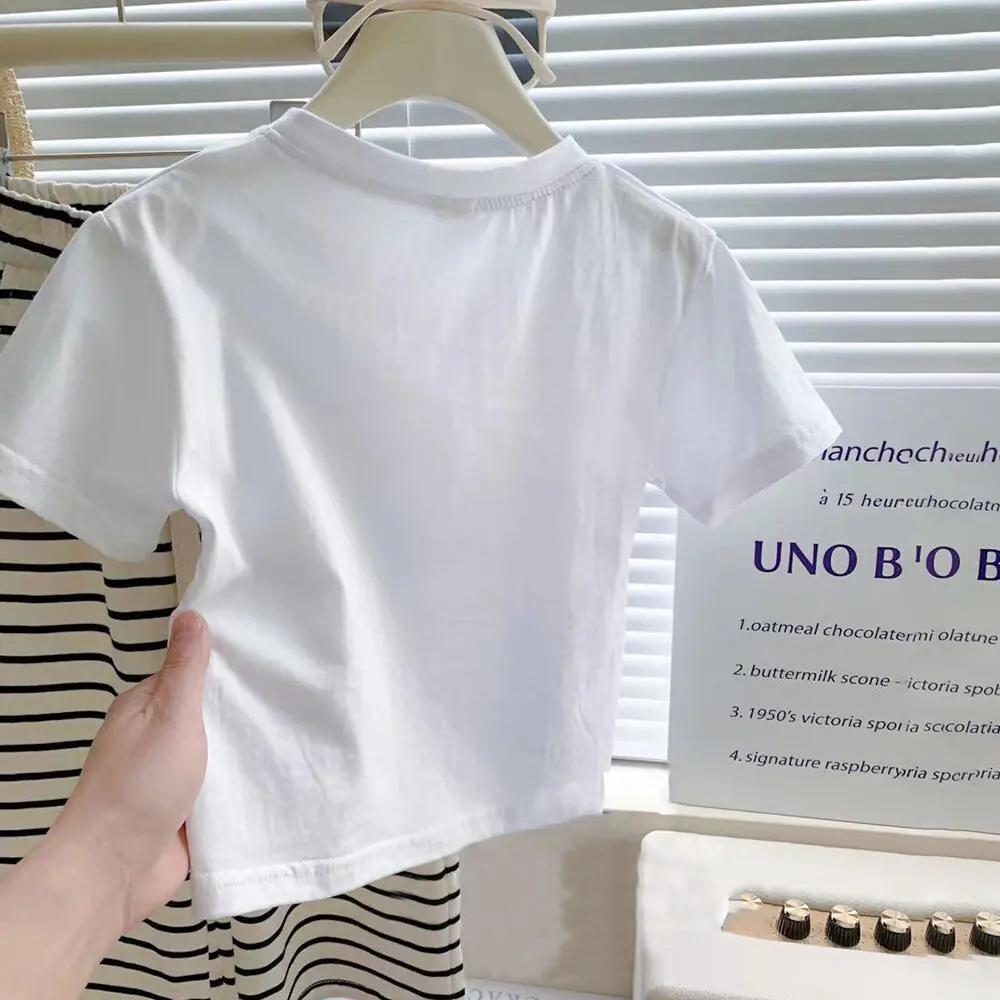 Bear Leader Girls Clothing Sets Summer Letters White T-shirt and Strips Pants 2 Pcs Suits 1-7 Years Kids Clothes Outfits