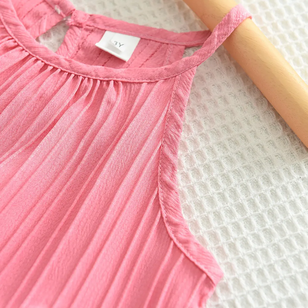 Bear Leader Summer 2024 New Girls Dress Suit Rose Red Lace Sash Dress