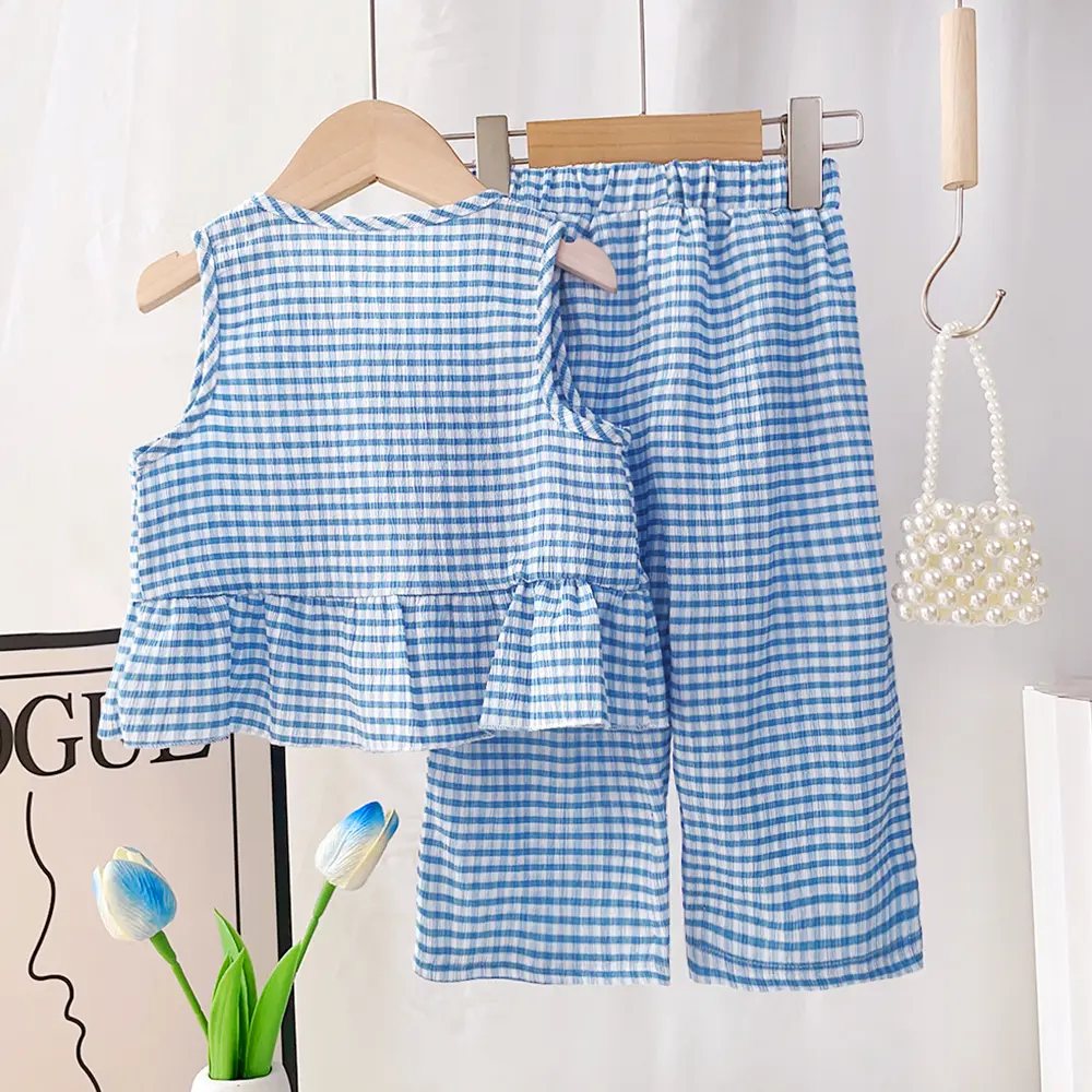 Summer Blue Children's Sets Striped Sleeveless Vest+ Wide Leg Pants Two-piece Set Kids Clothes Girls  Casual Stripe Girls Suit