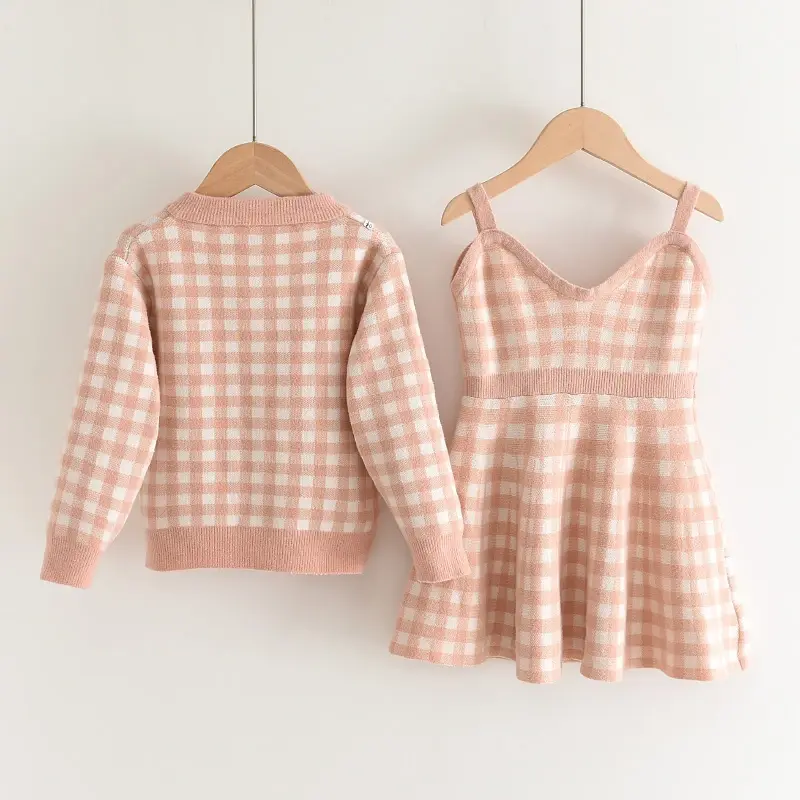 Bear Leader Bear Leader  2024 Spring and Autumn New Children's Knitted Set Girl's Checkered Coat+suspender dress two-piece set