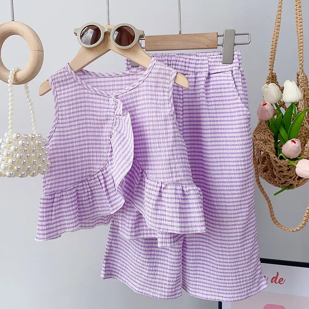 Summer Blue Children's Sets Striped Sleeveless Vest+ Wide Leg Pants Two-piece Set Kids Clothes Girls  Casual Stripe Girls Suit
