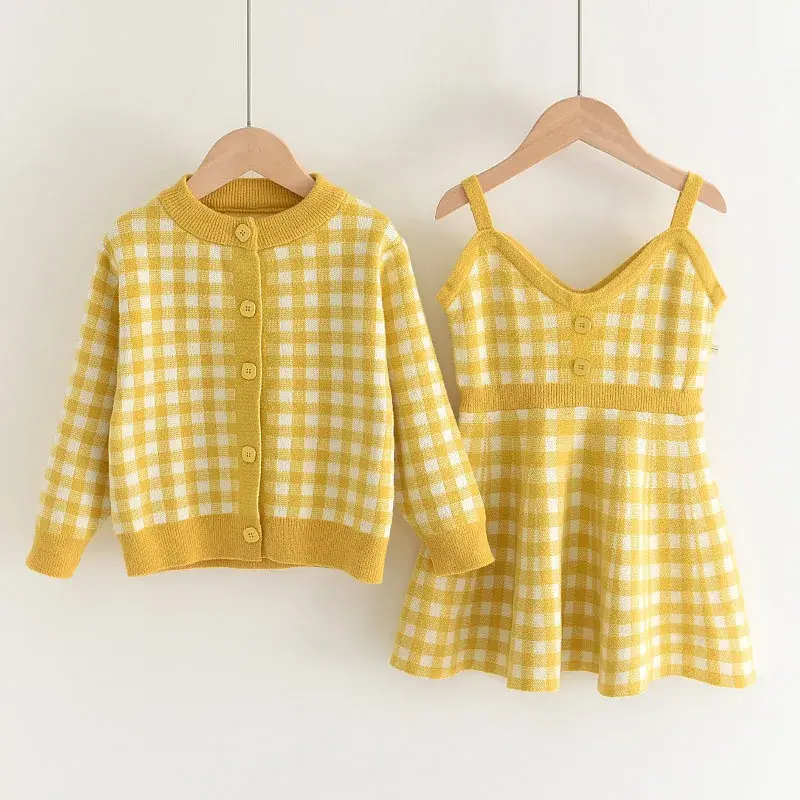 Bear Leader Bear Leader  2024 Spring and Autumn New Children's Knitted Set Girl's Checkered Coat+suspender dress two-piece set