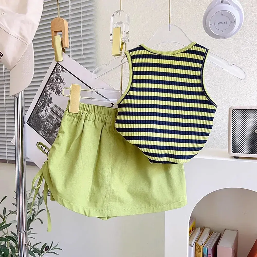 Bear Leader Summer Baby Girl's Casual Clothing Set Round Neck Sleeveless Striped Top+drawstring Shorts Two Piece Set
