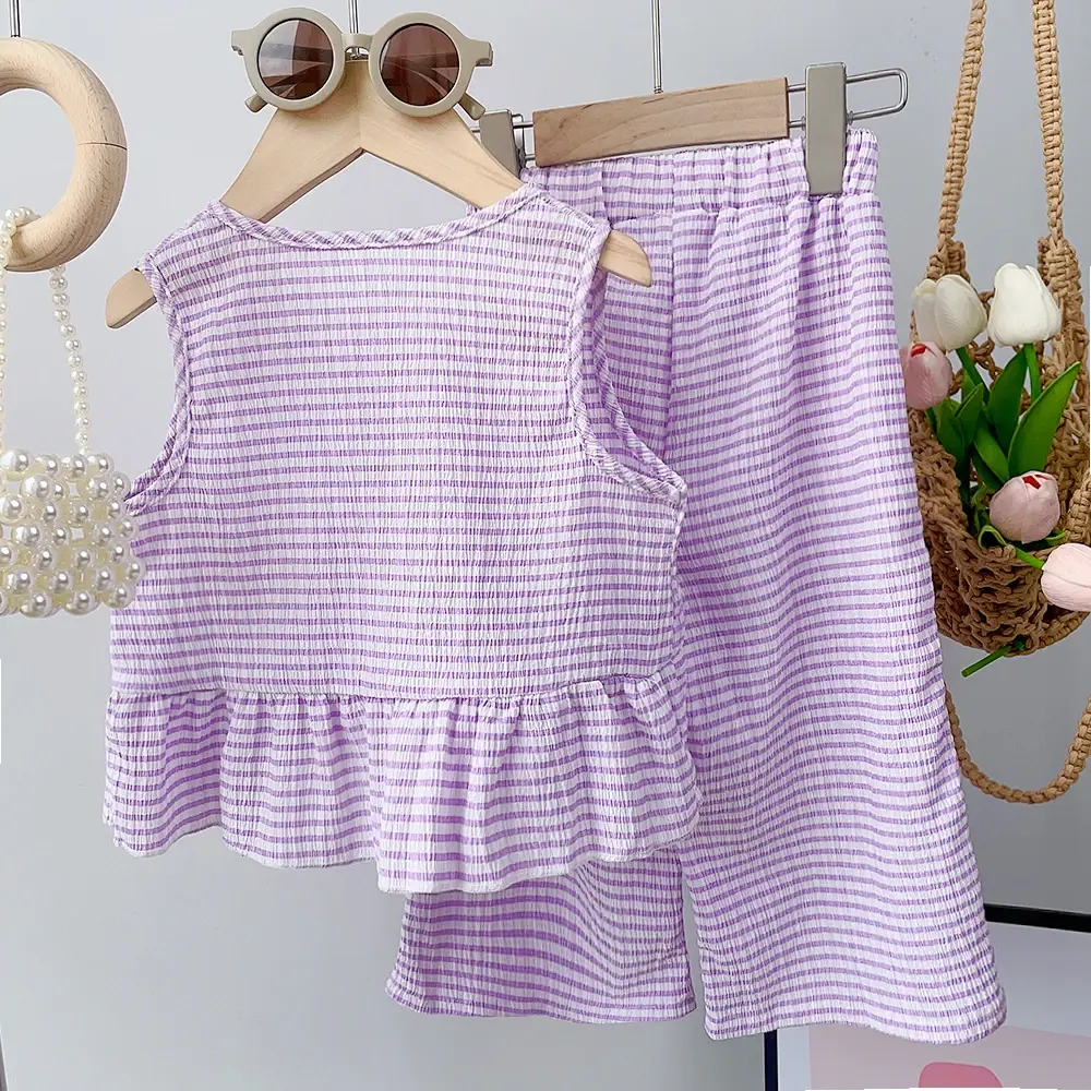Summer Blue Children's Sets Striped Sleeveless Vest+ Wide Leg Pants Two-piece Set Kids Clothes Girls  Casual Stripe Girls Suit
