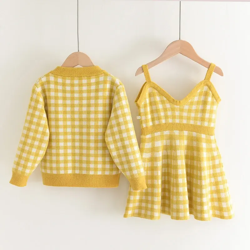 Bear Leader Bear Leader  2024 Spring and Autumn New Children's Knitted Set Girl's Checkered Coat+suspender dress two-piece set