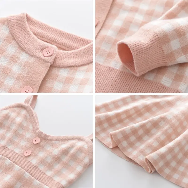 Bear Leader Bear Leader  2024 Spring and Autumn New Children's Knitted Set Girl's Checkered Coat+suspender dress two-piece set