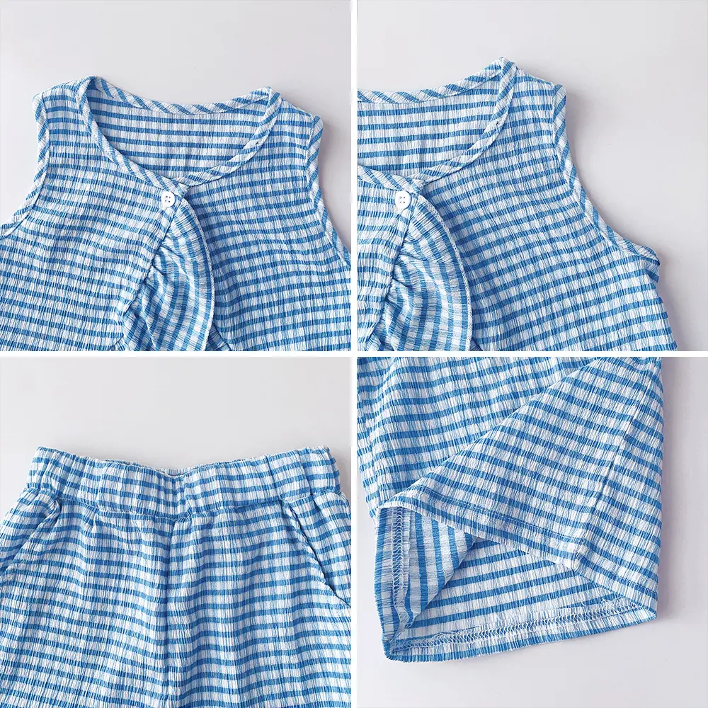 Summer Blue Children's Sets Striped Sleeveless Vest+ Wide Leg Pants Two-piece Set Kids Clothes Girls  Casual Stripe Girls Suit