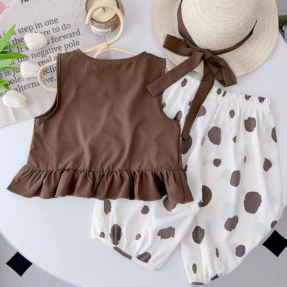 Bear Leader Girls' Set 2023 New Summer Solid Ruffled Top+Polka Dot Pants Set Fashion Baby Set Girl Baby Casual Sleeveless Set