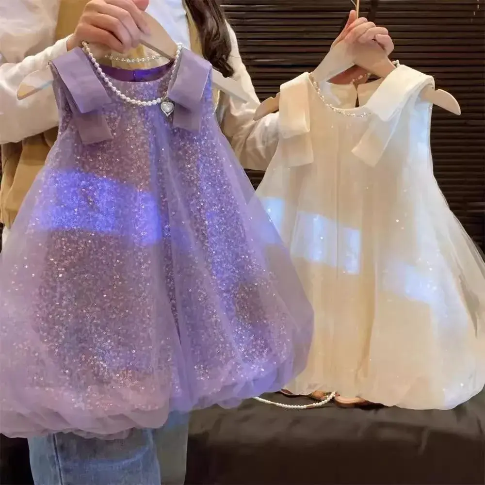 Bear Leader Plain Girls Clothes Summer Sleeveless Mesh Sparkling Princess Dresses Korean Version Birthday Wear Party Wedding