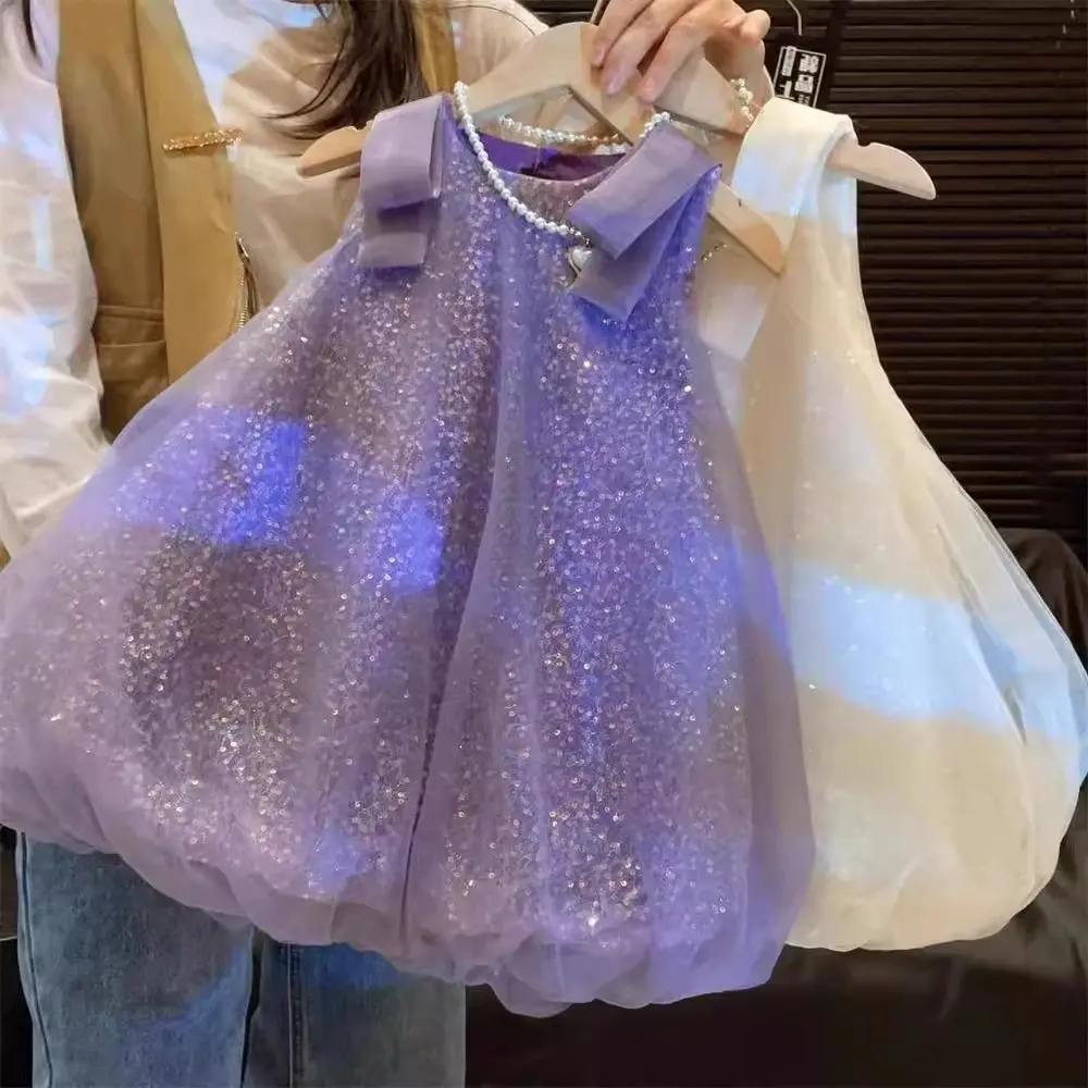 Bear Leader Plain Girls Clothes Summer Sleeveless Mesh Sparkling Princess Dresses Korean Version Birthday Wear Party Wedding