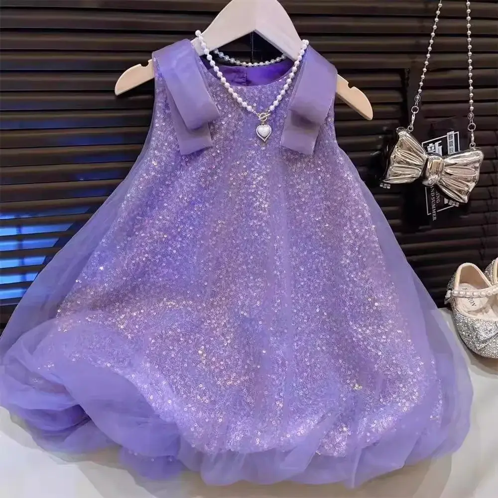 Bear Leader Plain Girls Clothes Summer Sleeveless Mesh Sparkling Princess Dresses Korean Version Birthday Wear Party Wedding