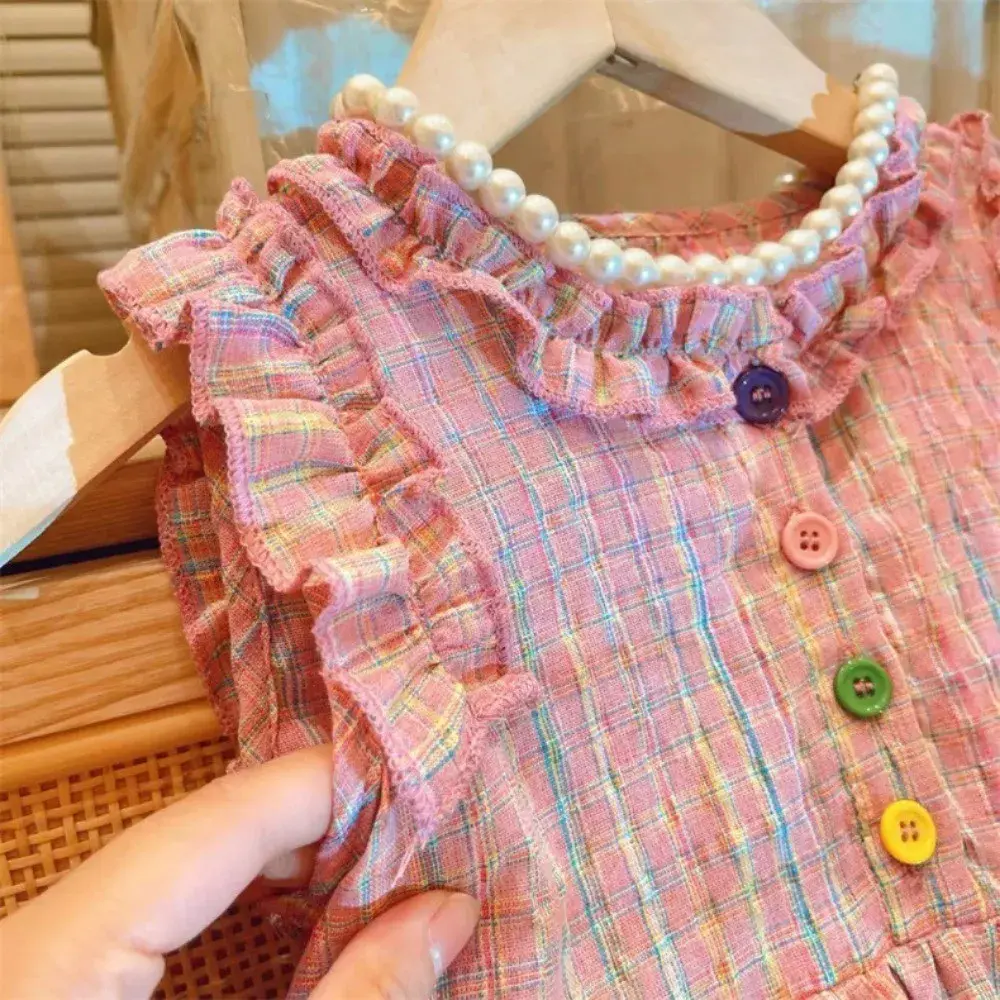 Bear Leader Baby Girls Colorful Plaid Print Princess Dress Summer Flying Sleeves Kids Clothes Casual Outwear Outfits 2-7 Years