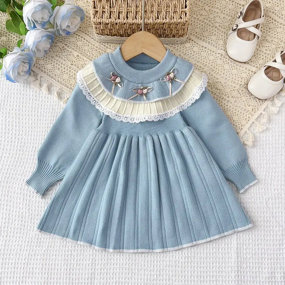 Bear Leader Kids Dresses for Girls Pink Patchwork Lace Border Bow Princess Sweater Dress Winter New Children's Clothing