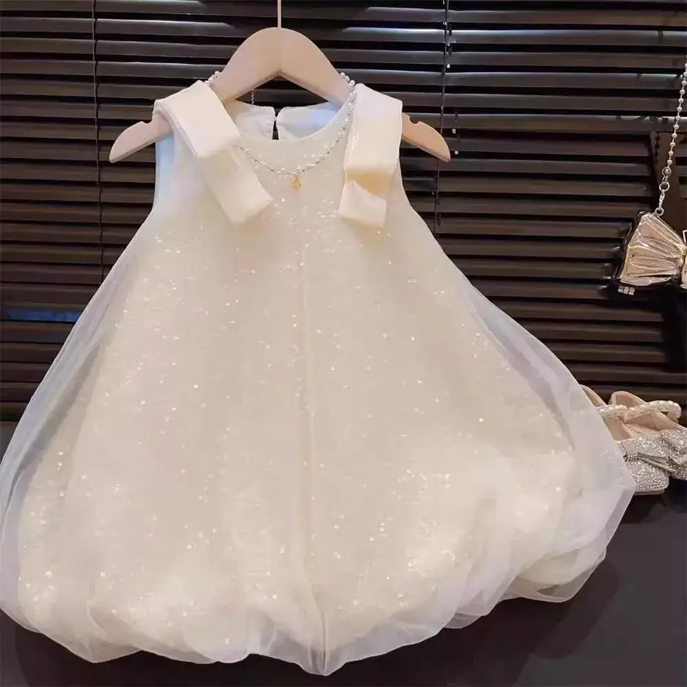Bear Leader Plain Girls Clothes Summer Sleeveless Mesh Sparkling Princess Dresses Korean Version Birthday Wear Party Wedding