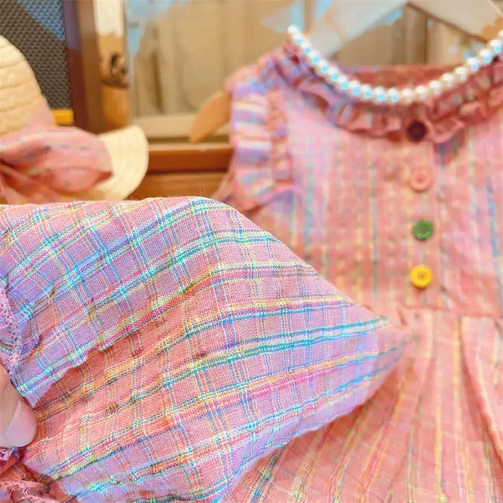 Bear Leader Baby Girls Colorful Plaid Print Princess Dress Summer Flying Sleeves Kids Clothes Casual Outwear Outfits 2-7 Years