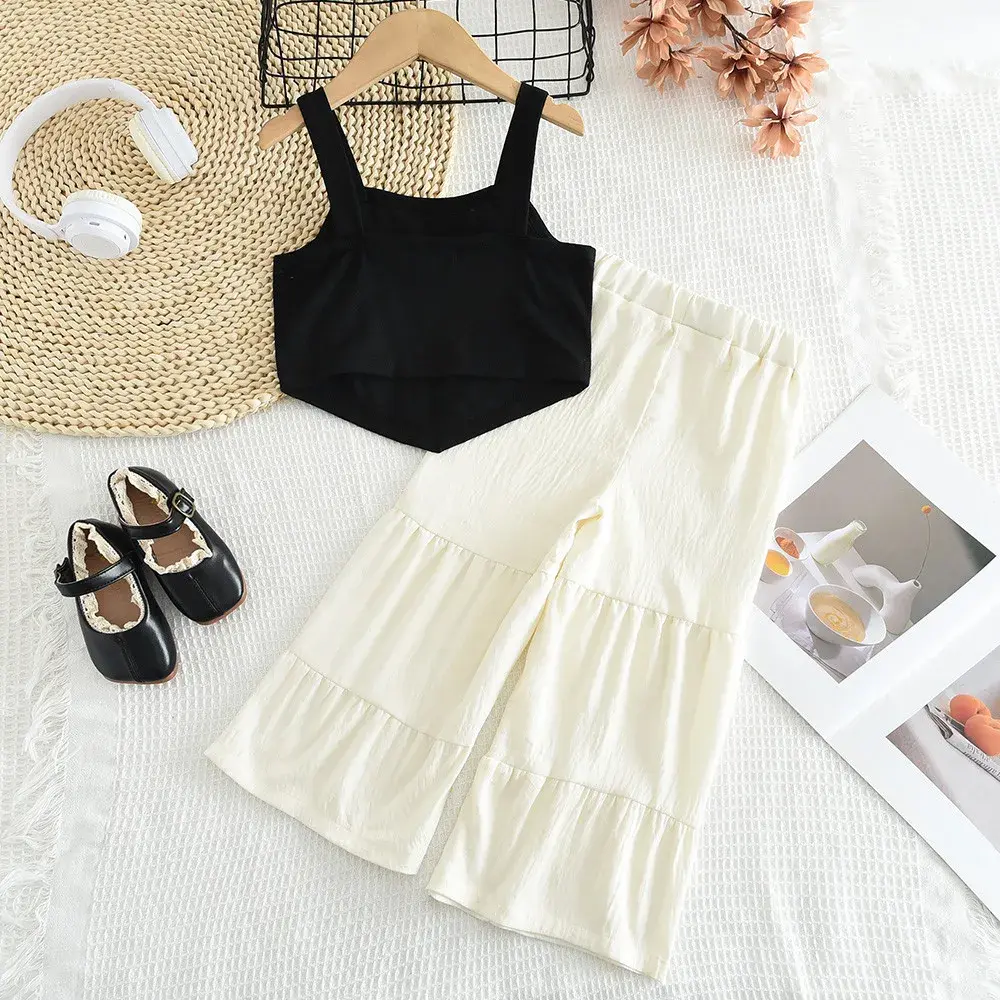 Bear Leader Fashion New Children's Set Summer Love Printed Black Camisole Top+Pants Korean Version Plain Casual Girls Clothes