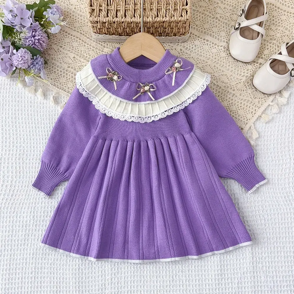 Bear Leader Kids Dresses for Girls Pink Patchwork Lace Border Bow Princess Sweater Dress Winter New Children's Clothing