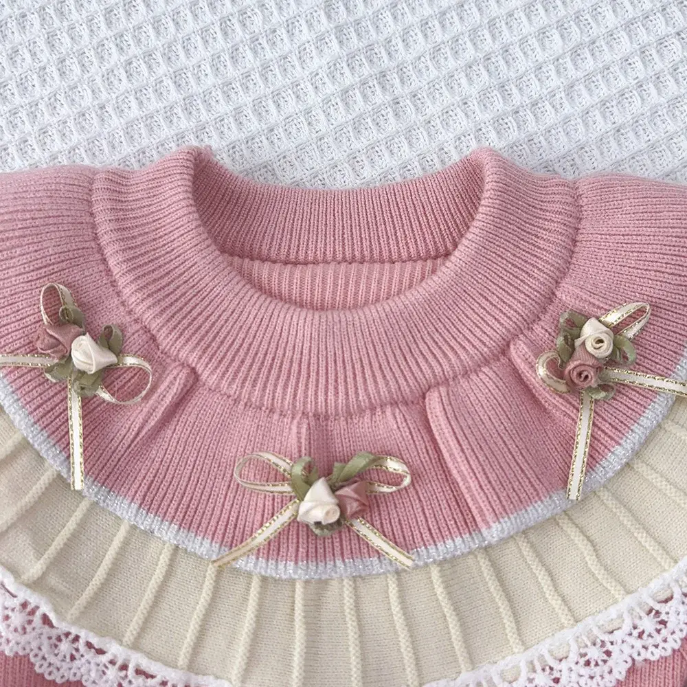 Bear Leader Kids Dresses for Girls Pink Patchwork Lace Border Bow Princess Sweater Dress Winter New Children's Clothing