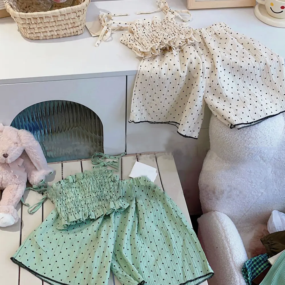 Bear Leader Children's Clothing Girls' Fashion Set Summer New Wave Dot Pleated Suspender Tank Top+Wide Leg Pants Two Piece Set