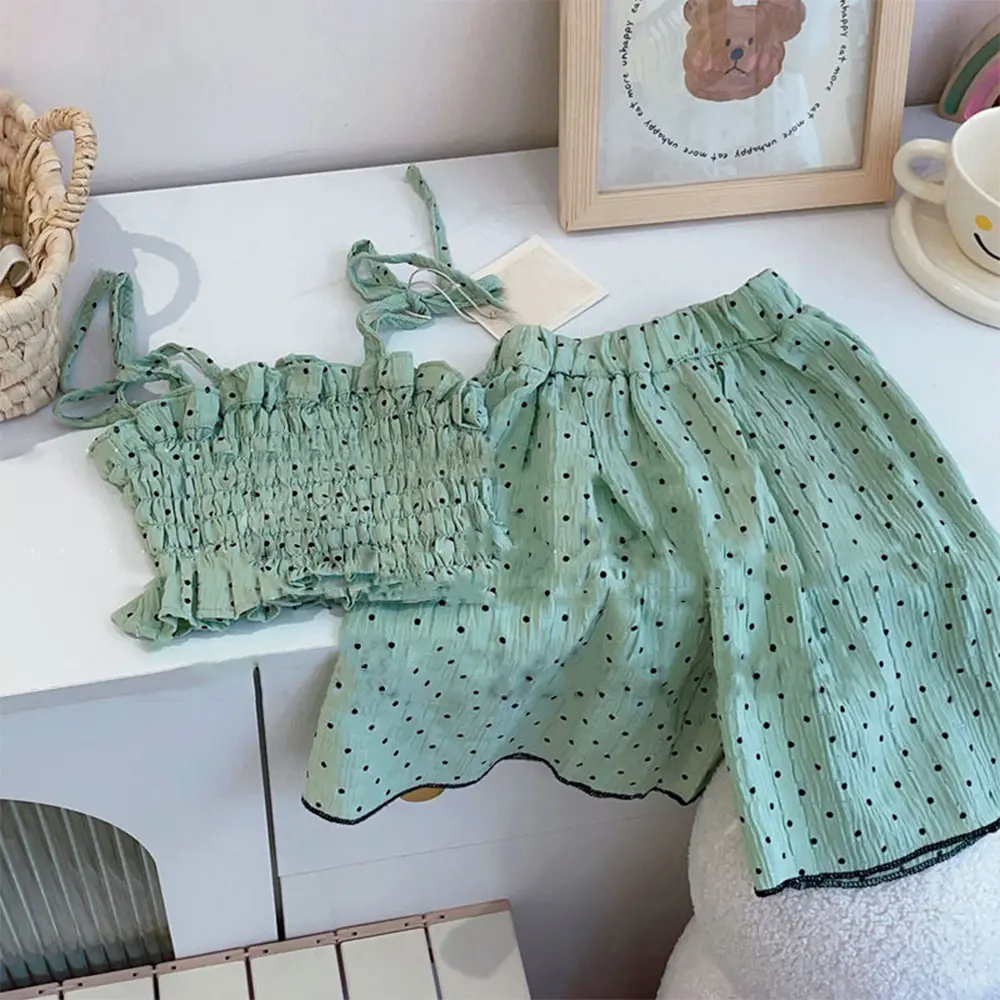 Bear Leader Children's Clothing Girls' Fashion Set Summer New Wave Dot Pleated Suspender Tank Top+Wide Leg Pants Two Piece Set