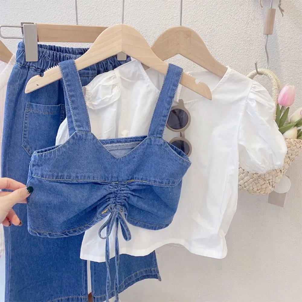 Bear Leader Summer Round Neck Short Sleeve White Shirt + Denim Vest Top + Pants Three Piece Sets Cowboy Girl Suit