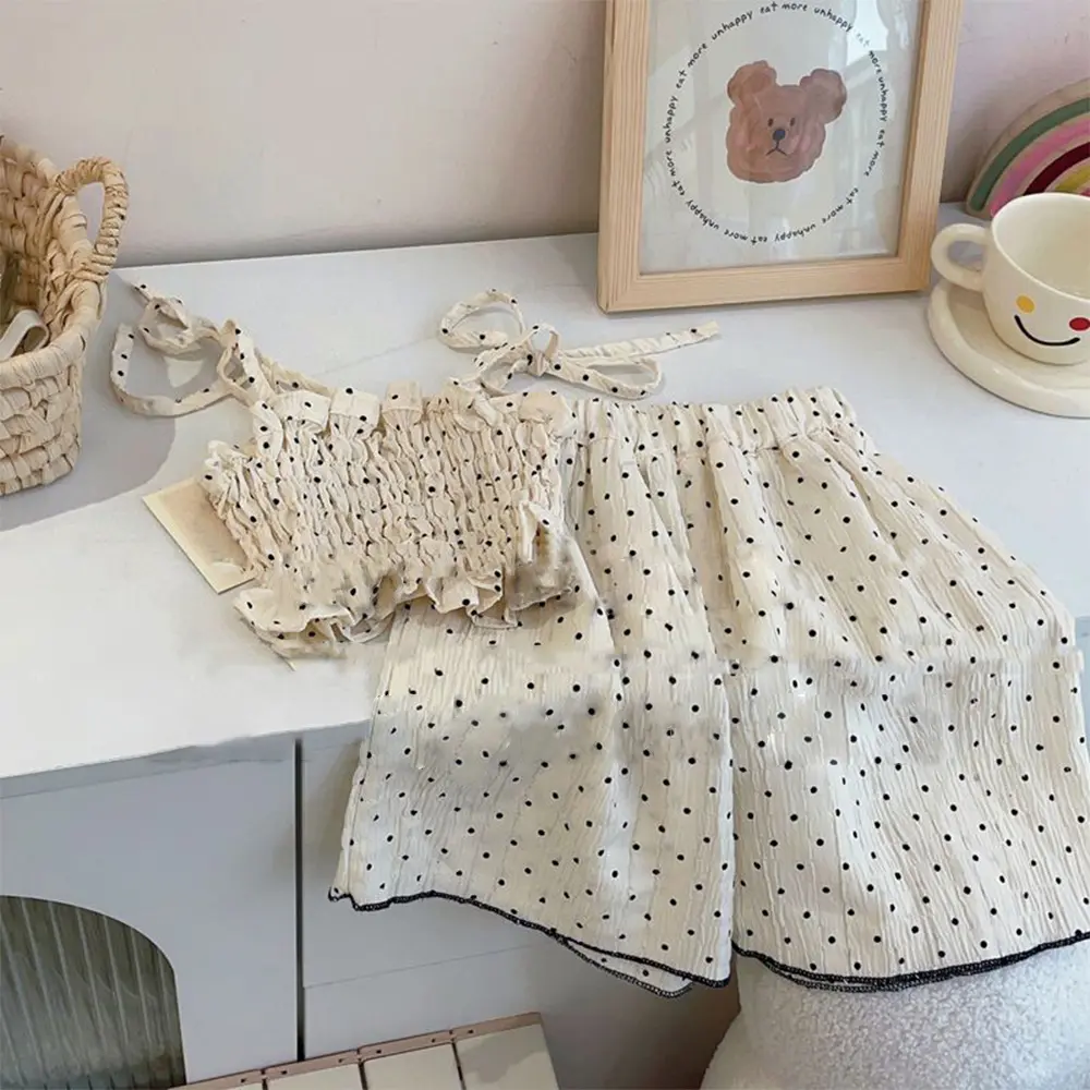 Bear Leader Children's Clothing Girls' Fashion Set Summer New Wave Dot Pleated Suspender Tank Top+Wide Leg Pants Two Piece Set