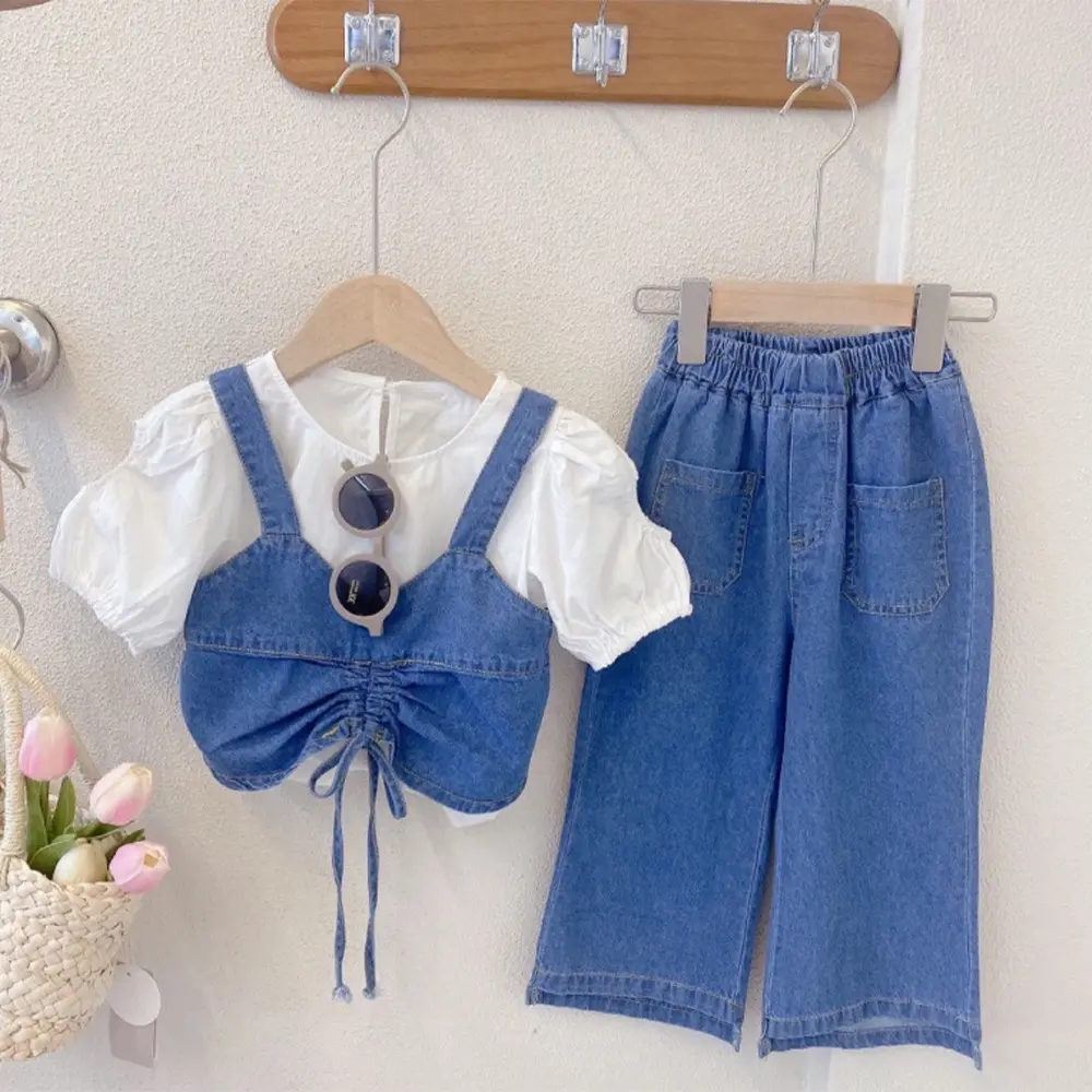 Bear Leader Summer Round Neck Short Sleeve White Shirt + Denim Vest Top + Pants Three Piece Sets Cowboy Girl Suit