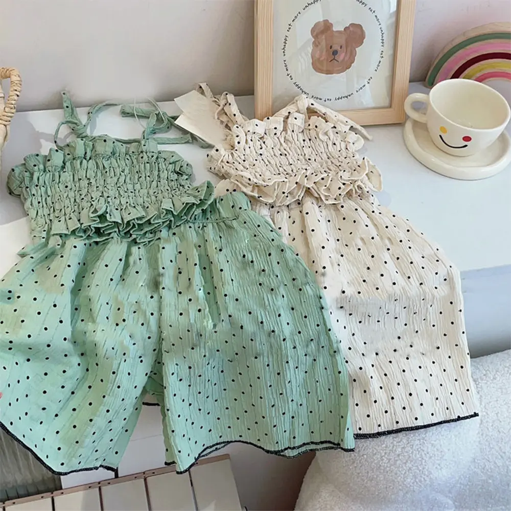 Bear Leader Children's Clothing Girls' Fashion Set Summer New Wave Dot Pleated Suspender Tank Top+Wide Leg Pants Two Piece Set